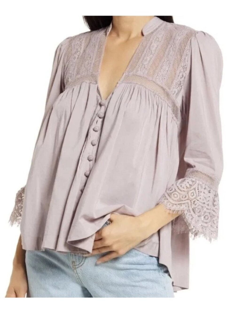 Free People Esme Button Up Blouse Lavender Mauve Lace Crochet Boho Top  Size XS